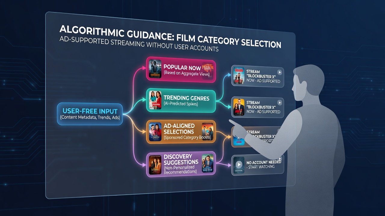 Visualization of algorithmic pathways directing film category selections on registration-free ad-supported platforms