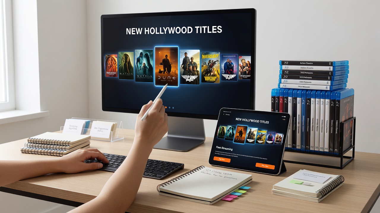 Streaming platform interface displaying organized rows of recent Hollywood releases with prominent thumbnails and category labels