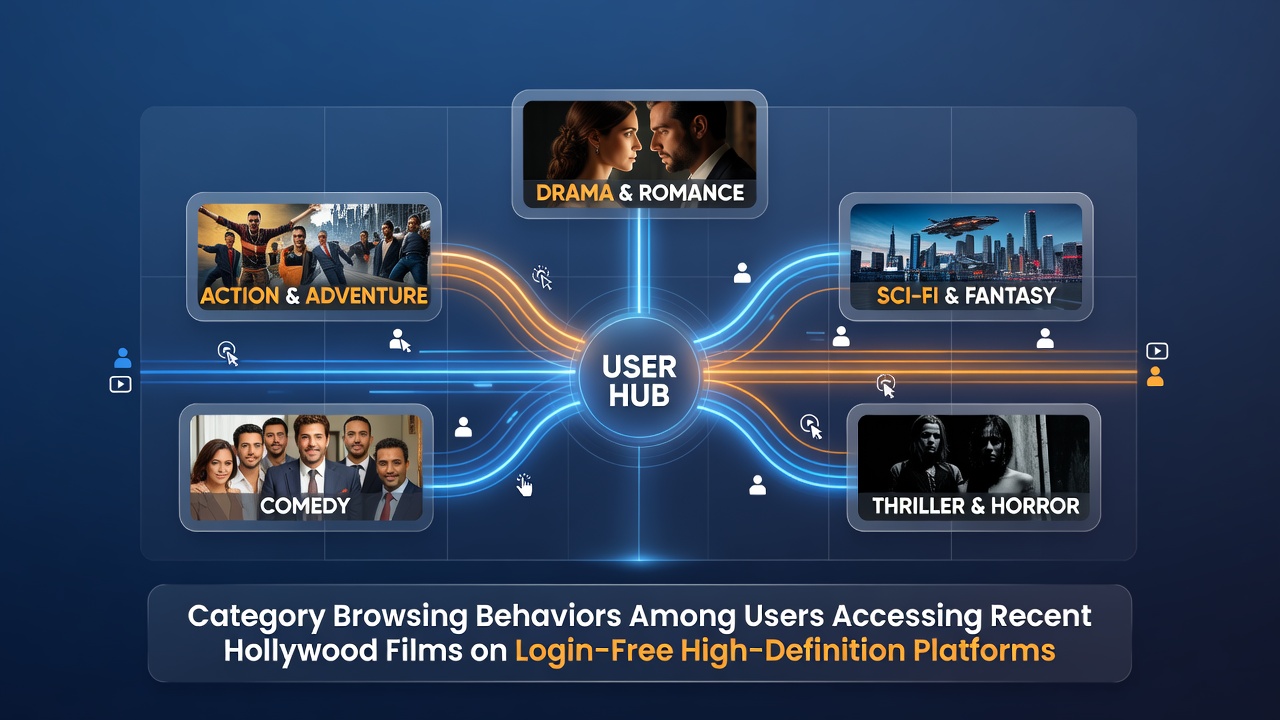 Users browsing film categories on a login-free HD streaming platform interface showing recent Hollywood releases