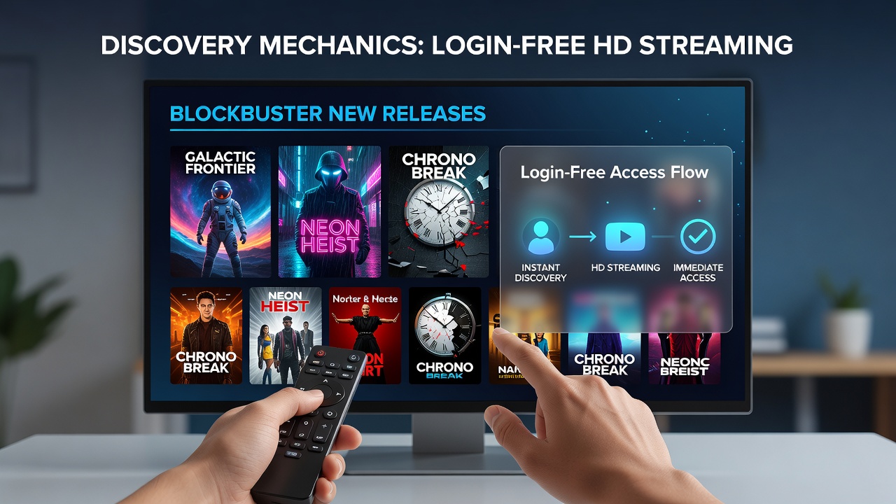 Close-up view of categorized rows and search bar on a login-free streaming homepage