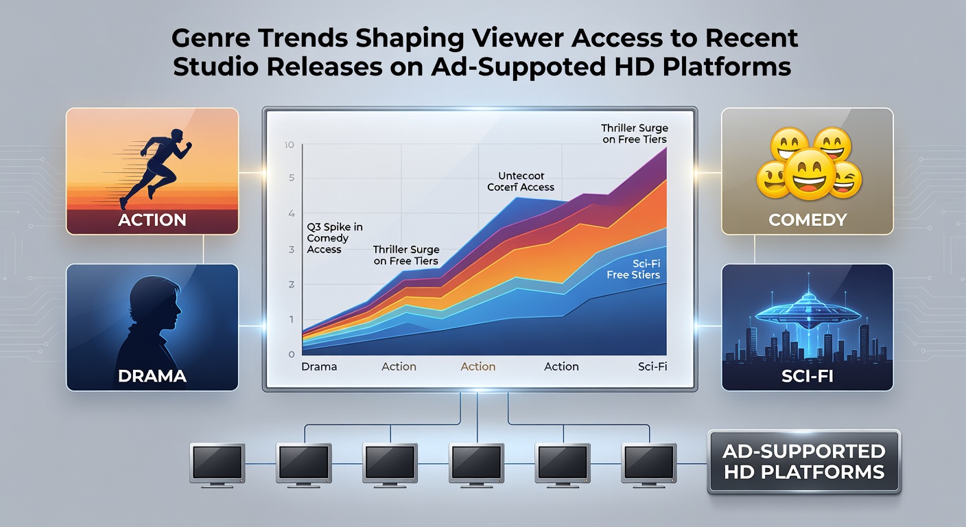 Visual representation of genre distribution across ad-supported HD streaming platforms showing action, drama, and comedy categories