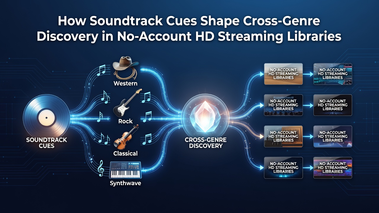 Viewers browsing HD streaming libraries where soundtrack elements appear alongside film thumbnails and genre filters