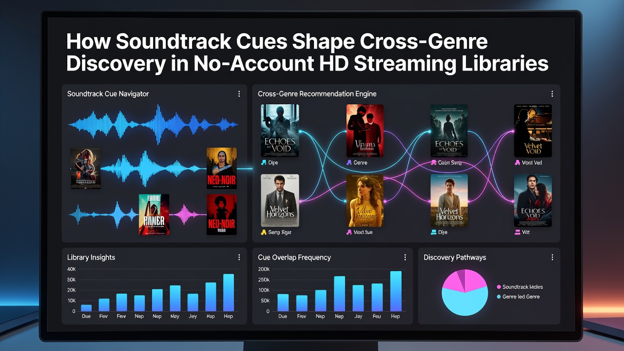 Interface screenshot showing audio waveform previews guiding selections across different film categories in an HD streaming library