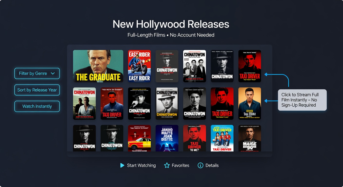 Interface layout showing thumbnail grids and navigation menus on a registration-free streaming platform displaying recent Hollywood releases