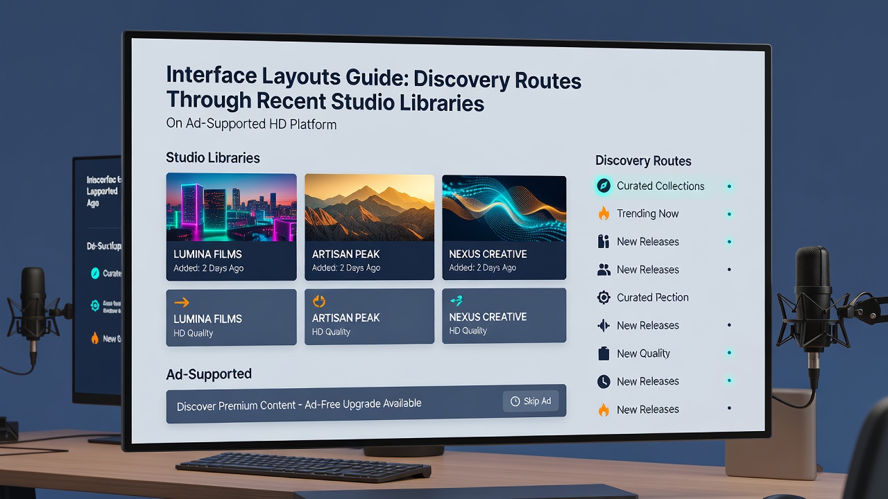 Interface layouts on ad-supported HD streaming platforms showing grid views and navigation elements for recent studio releases