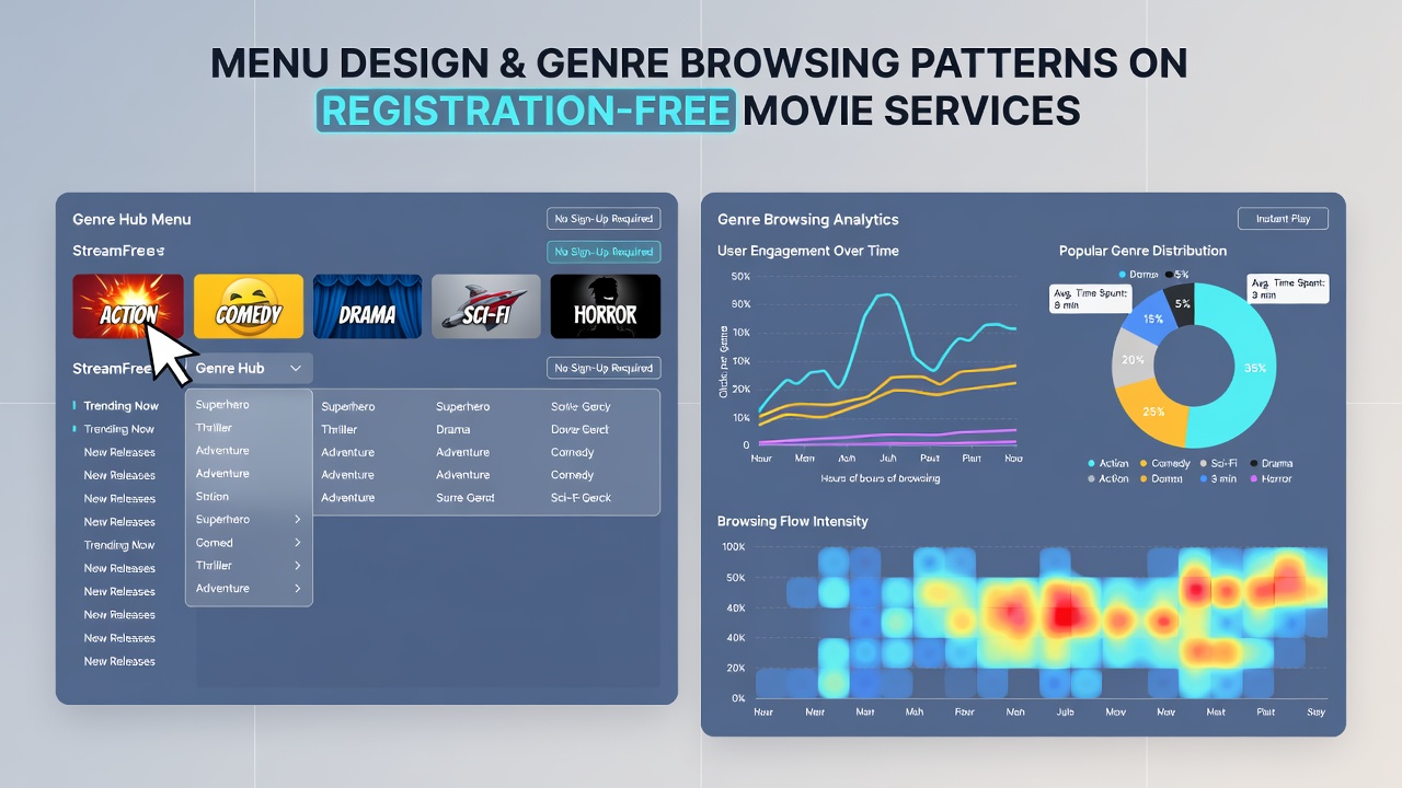 Close-up view of genre filter options and thumbnail arrangements on a login-free movie streaming interface