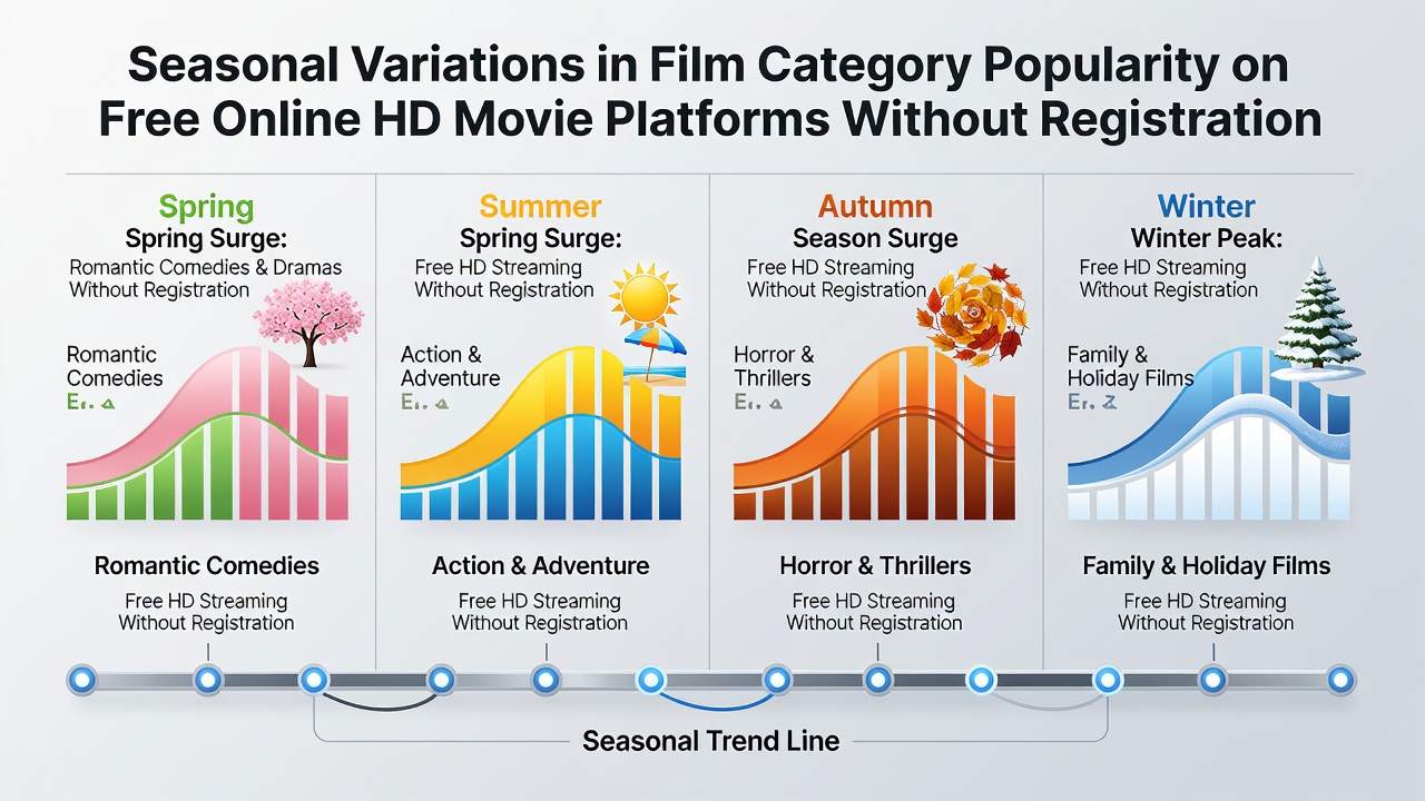 Viewers browsing film categories on a registration-free HD streaming platform during different seasons