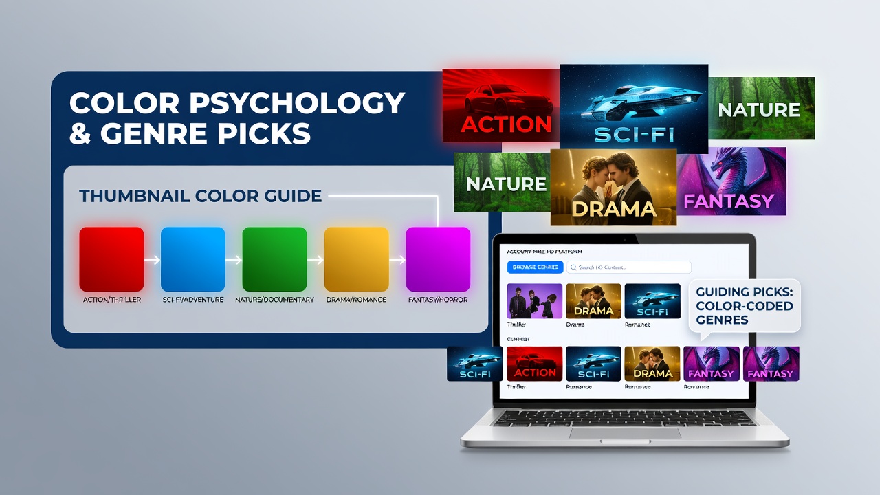 Examples of thumbnail color schemes affecting genre browsing on free HD services