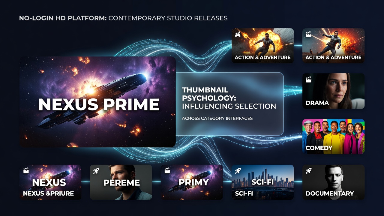 Examples of thumbnail designs used in category interfaces on no-login high-definition streaming platforms