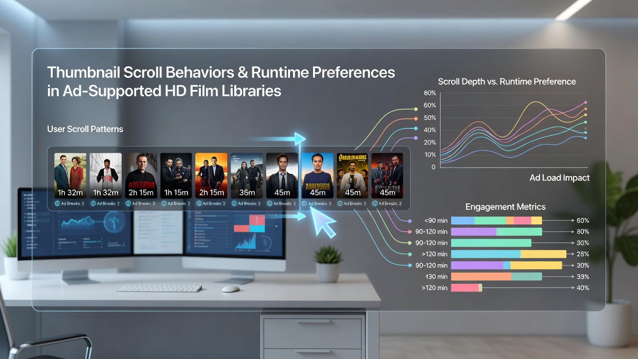 Close-up view of thumbnail grid highlighting runtime metadata and scroll position indicators on an HD ad-supported platform