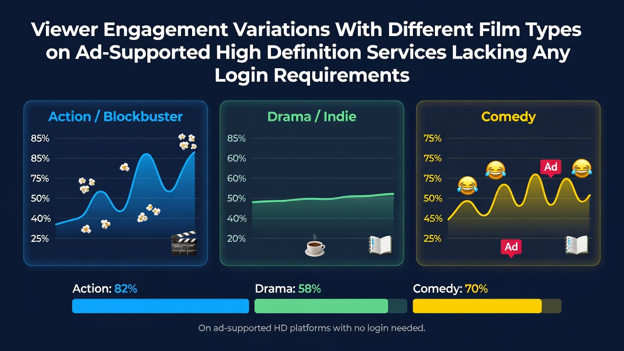 Viewer engagement metrics displayed on ad-supported HD streaming dashboards showing genre-specific data for login-free platforms